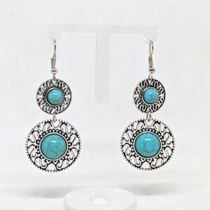 New Fabulous Dangle Earrings Silver Tone Filigree Discs Faux Turquoise Cabochon
